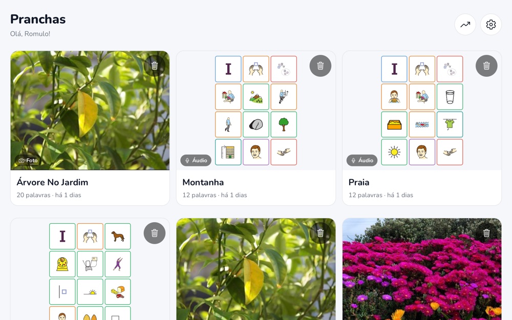 Falo home screen with saved communication boards on an iPad