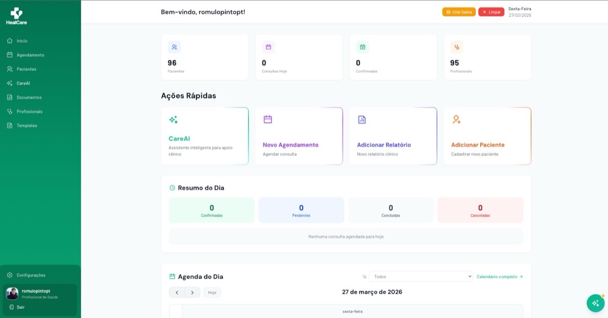 HealCare dashboard with patient stats, quick actions, and the daily schedule
